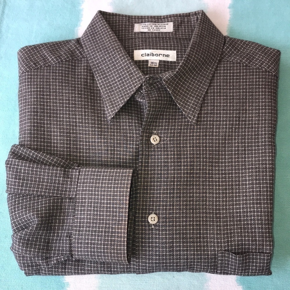 Claiborne 100% Cotton Micro Check Button Down Shirt 16.5 34/35 - Picture 2 of 7